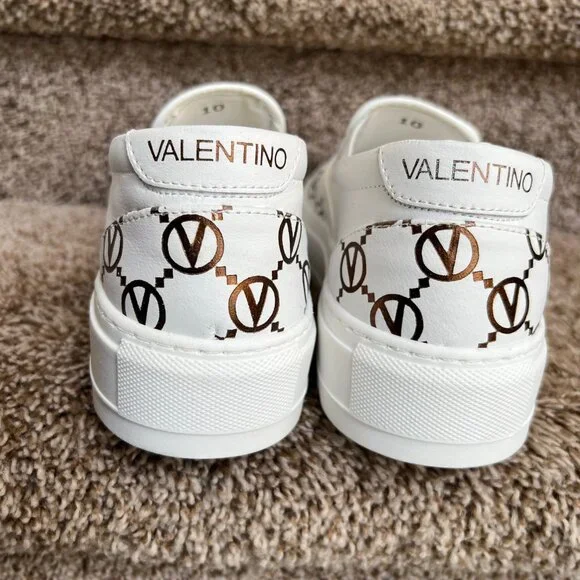 Valentino Women's White/ Brown Logo Leather Slip-on Sneakers
